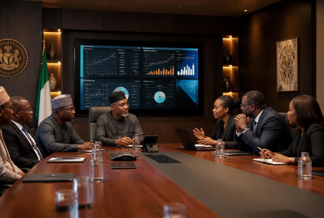 Institutional stakeholders reviewing a technology programme in a boardroom