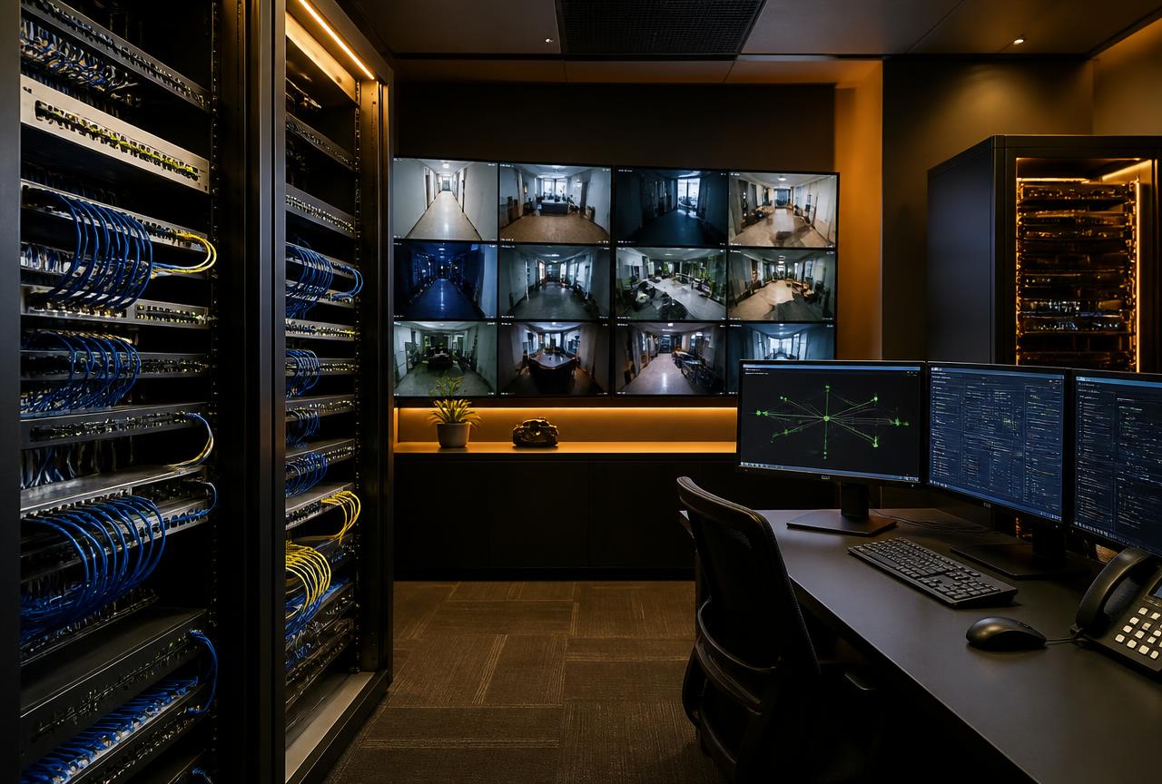 Network operations room with server racks and monitoring displays
